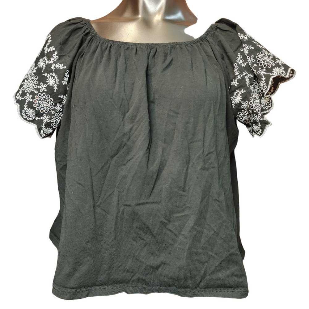 H&M Women's Black White Scalloped Eyelet Short Sleeve Scoop Neck Top LG - Picture 1 of 4